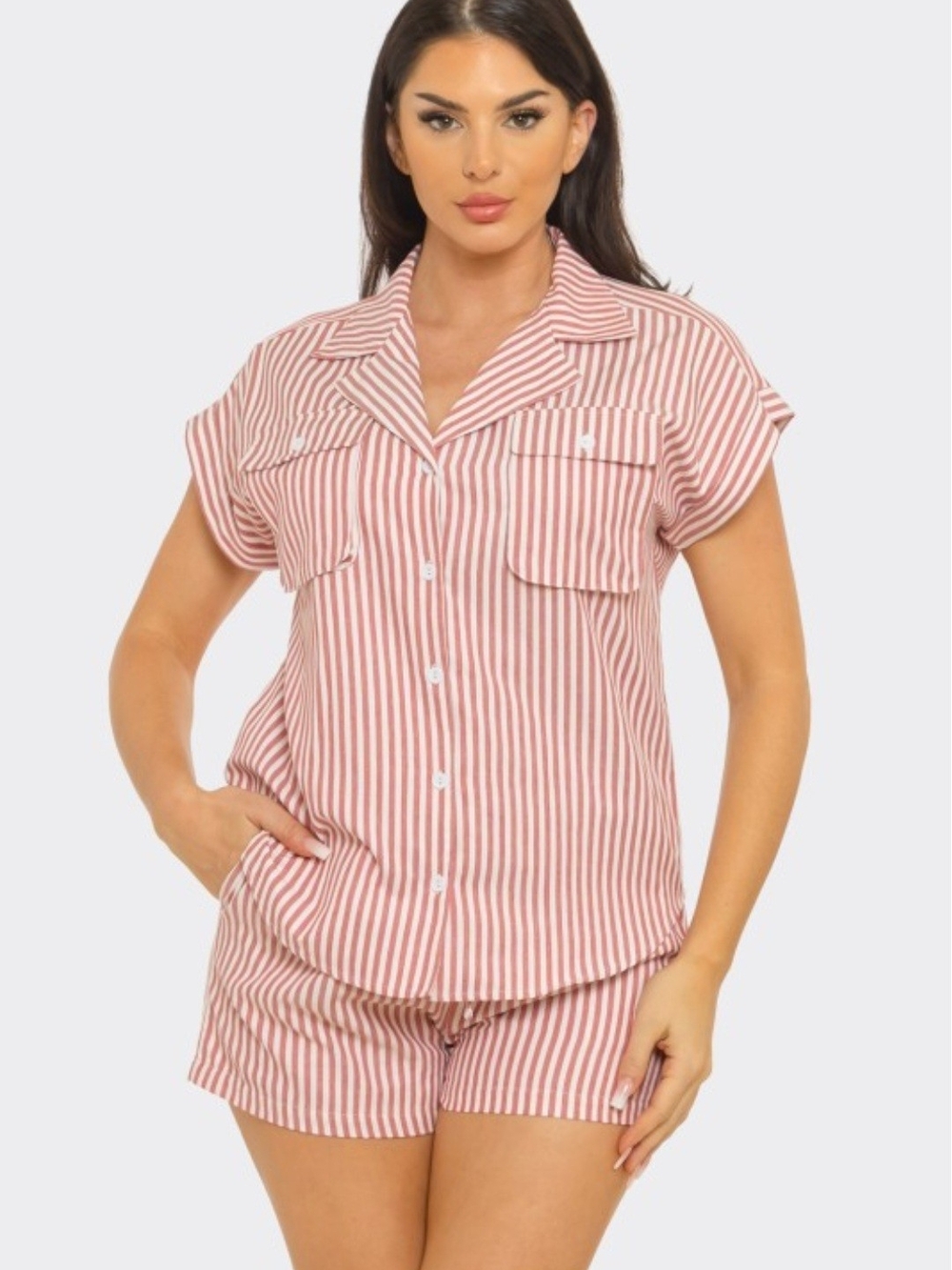 Women’s Rose-Stripe Short Sleeve Button Front Shorts Set